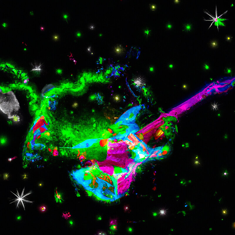 Psychedelische Visualisierung eines schemenhaften Musikers mit Gitarre mit kräftigen Lila-, Grün- und Blautönen vor schwarzem Hintergrund mit bunten Sternen und Galaxien
