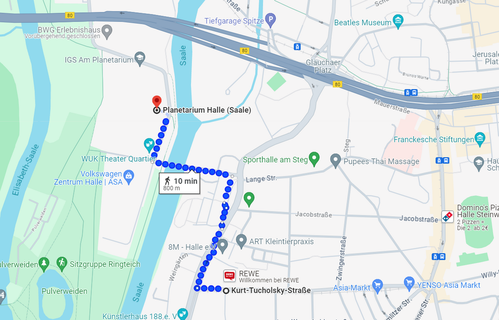 Kartenausschnitt mit Fußweg von der Kurt-Tucholsky-Straße zum Planetarium
